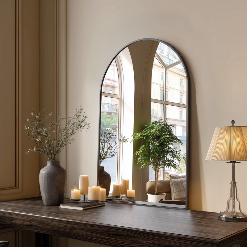 Aluminum Framed Arched Wall Mounted Bathroom Vanity Mirror, Black, 30" x 20"