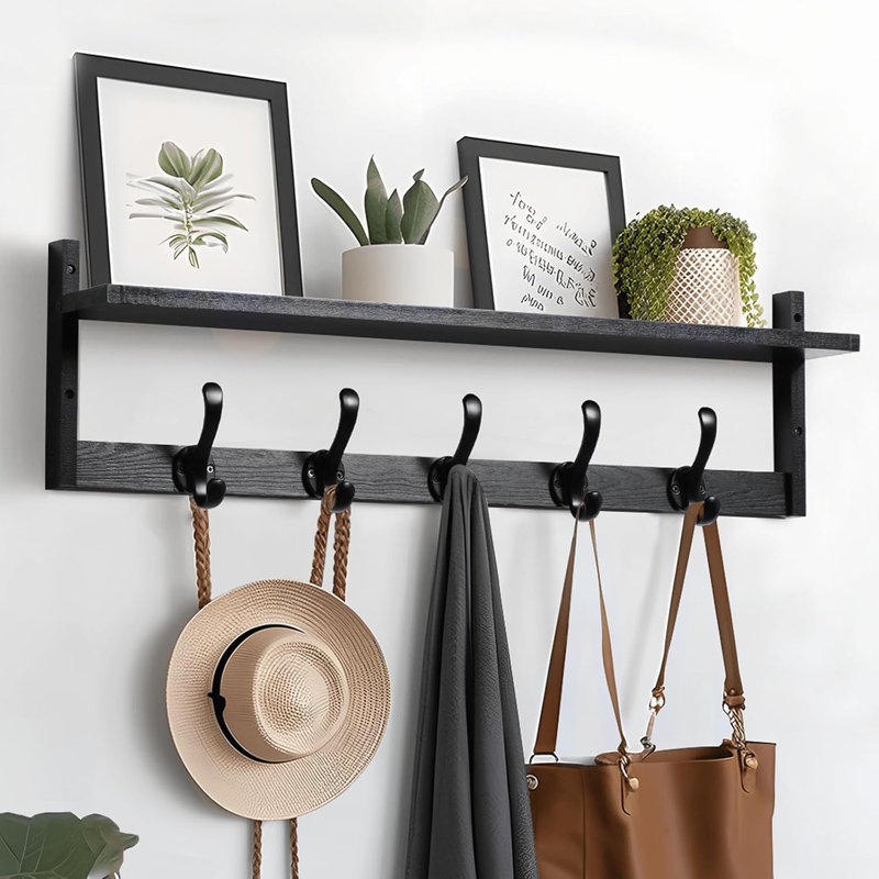 Portemanteau mural 29 po avec tablette, crochets muraux en bois avec rangement