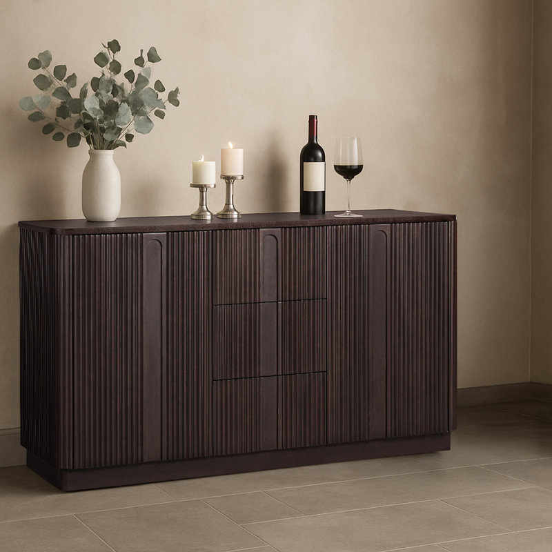 Buffet en bois massif à 3 tiroirs Potomac Reeded avec 2 portes et tablettes réglables, Espresso