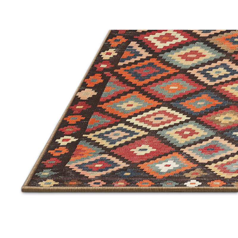 Tapis contemporain rouge / beige / noir, Rectangle 2 pi x 5 pi