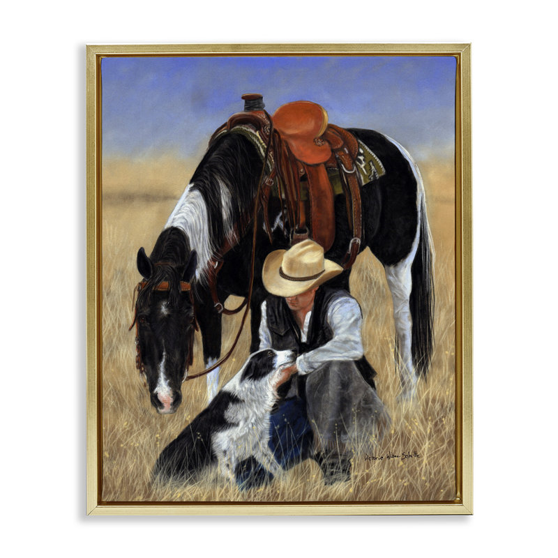 Cowboy avec chien et cheval, Cadre flottant métallique doré, H 31 po x l 25 po