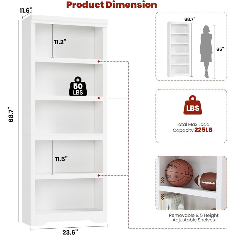 69"5-Tier Farmhouse Bookcase with Adjustable Shelves, Open Display Storage Bookshelf for Home Office, Living Room, Study or Balcony