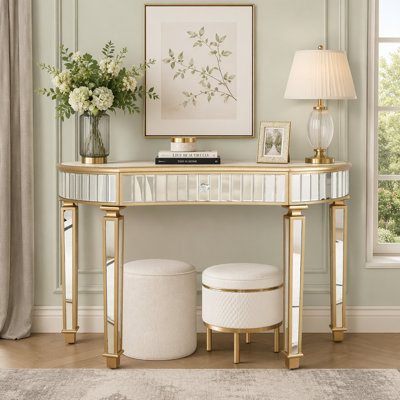Console à miroir demi-lune 47 po avec tiroir en verre cannelé et poignée en cristal