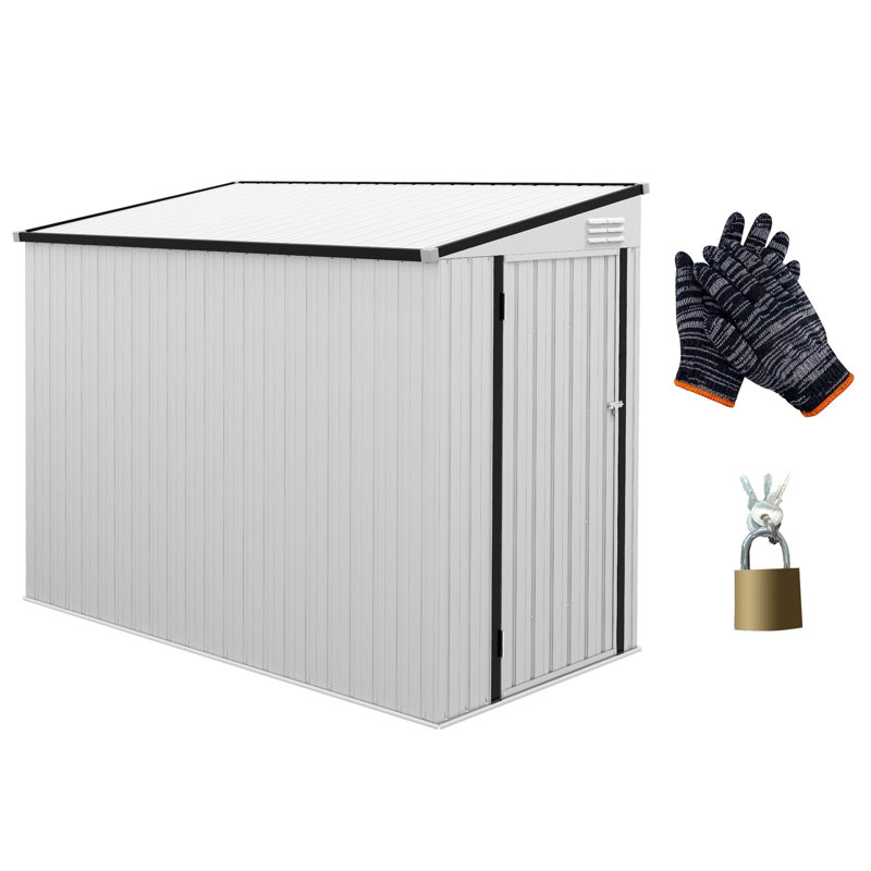 4' X 7.7' Metal Shed - Lockable, 2 Air Vents. Stores Garden Tools, Ladders. Galvanized Steel, Space Saving, For Patio, Lawn, Backyard Lockable Door, Accommodates Lawn Bicycles. White, Backyard,