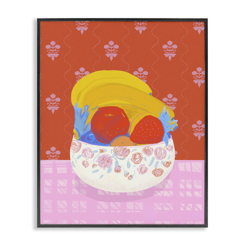 «Fruit Bowl», art giclée rouge audacieux, design par Dina Riddle, H 14 po x l 11 po, Giclée encadrée noir minuit