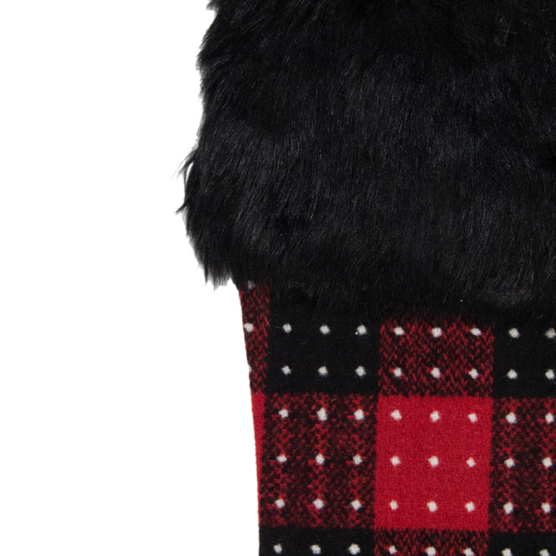 Chaussette de Noël 21,5 po à motif écossais rouge et noir avec pois et revers en fausse fourrure
