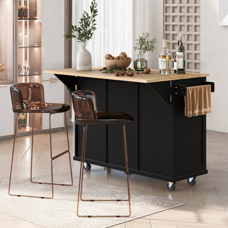 Kitchen Cart With Rubber Wood Drop-Leaf Countertop, Cabinet Door Storage, And 5-Wheel Mobility For Enhanced Functionality