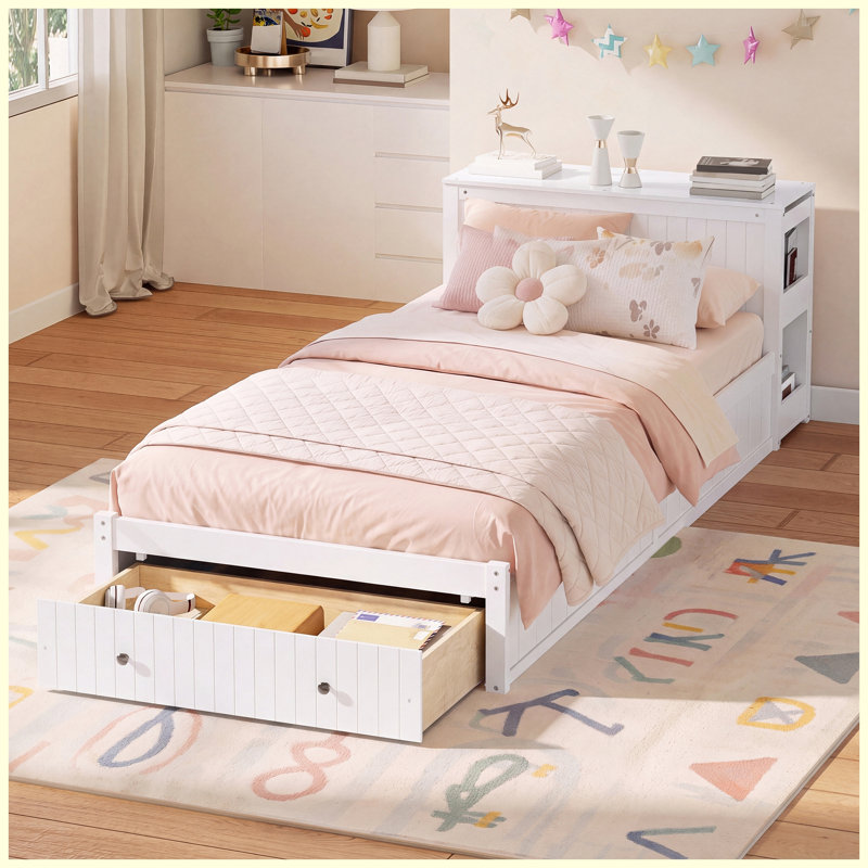 Lit plateforme moderne double avec bureau et rangements intégrés, tête de lit large, tiroirs au pied du lit, étagères latérales, lit blanc pour enfants et adolescents