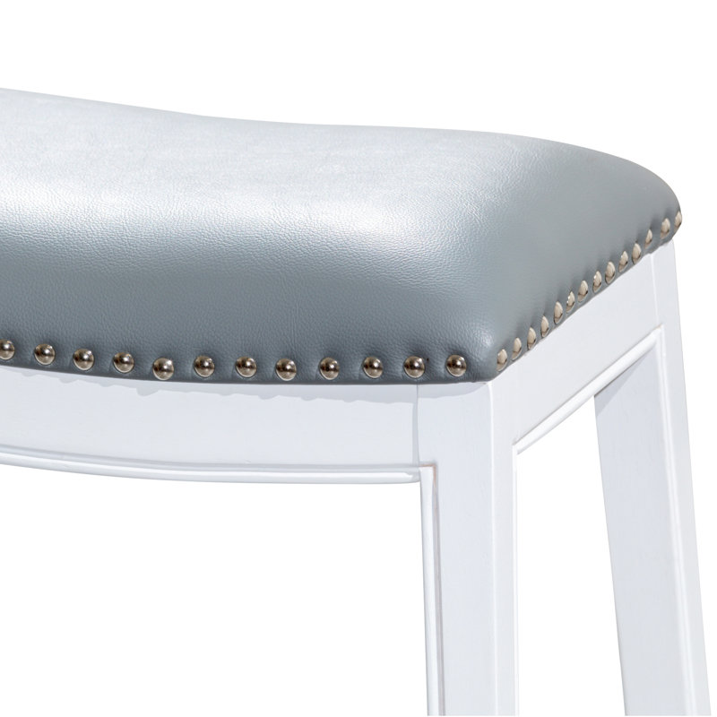 White 30" Bar Stool With Black Leather Seat, Stylish And Comfortable, Fits Kitchen Decor Stool, Leather, Solid Hardwood Construction For Settings