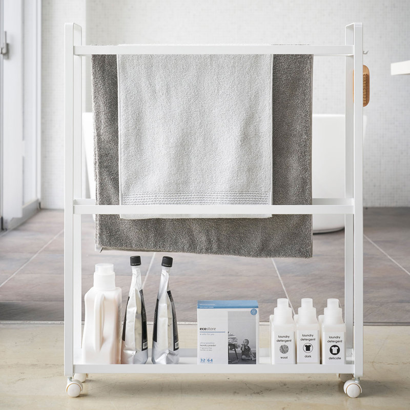 White Rolling Towel Rack with Hooks and Casters