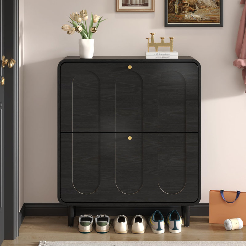 Narrow Shoe Storage Cabinet For Entryway With 2 Flip Drawers, Curved Shoe Cabinet(Black), Black
