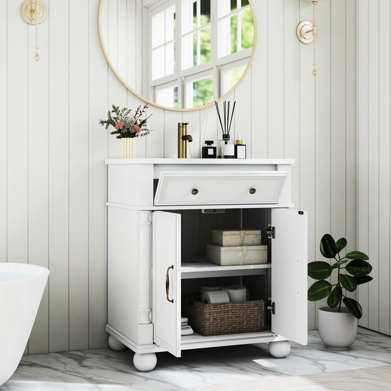 Meuble-lavabo de 28 po de style médiéval, structure en bois massif, armoire de rangement, lavabo à impact, installation facile haut de gamme de 27,8 po et poignées en métal, à nettoyer