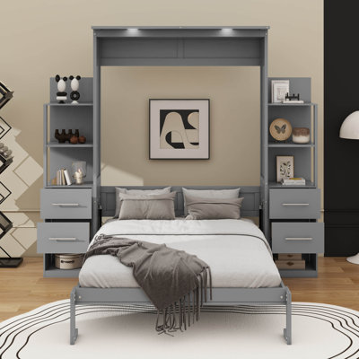 Murphy Bed With Shelves, Drawers, And LED Lighting, Designed For Wall Mounting