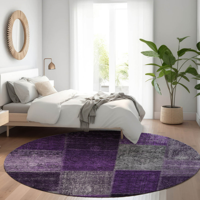 Tapis noir / mauve / gris en polyester tissé à la machine Ayush, Rond 8 pi