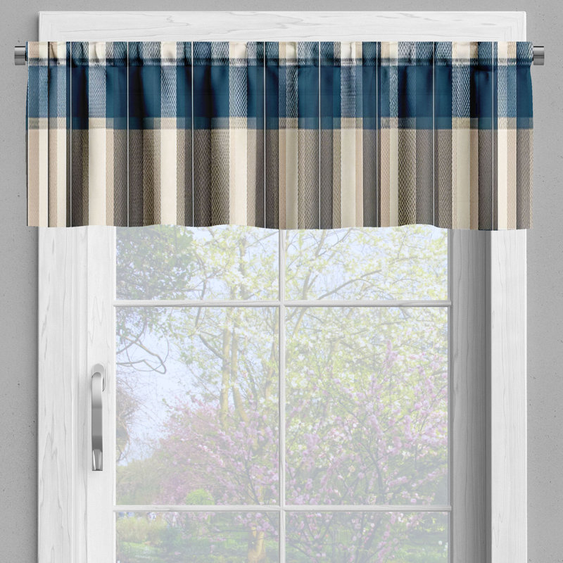 Petrol Blue Eggshell Plaid Satin Rod Pocket Valance