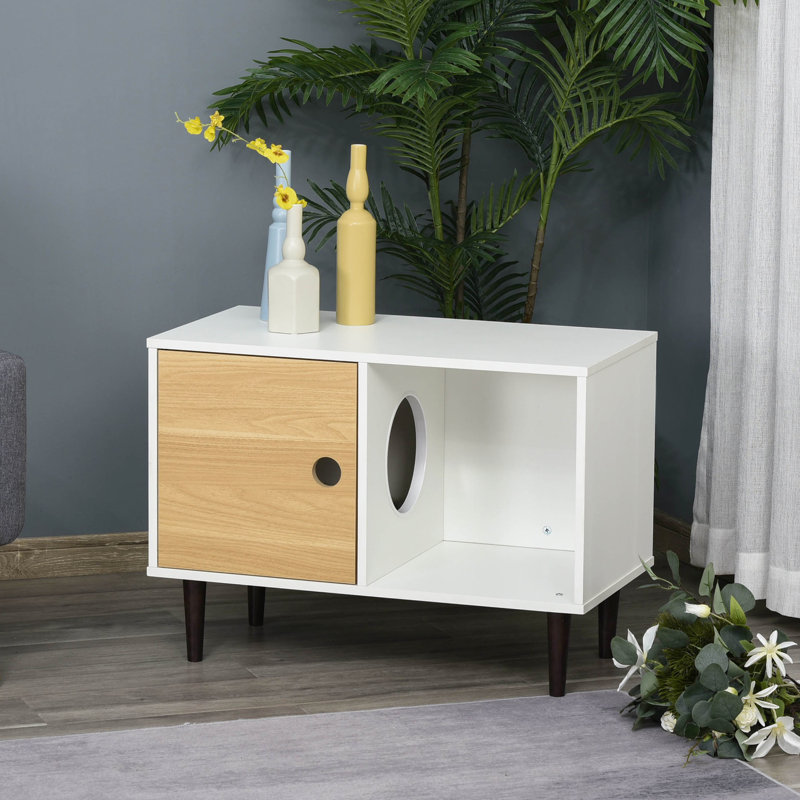 Maison pour chat en bois avec grande porte, coussin moelleux pour chats, espace de rangement pour animaux de compagnie surélevé et trou de ventilation, propreté polyvalente,