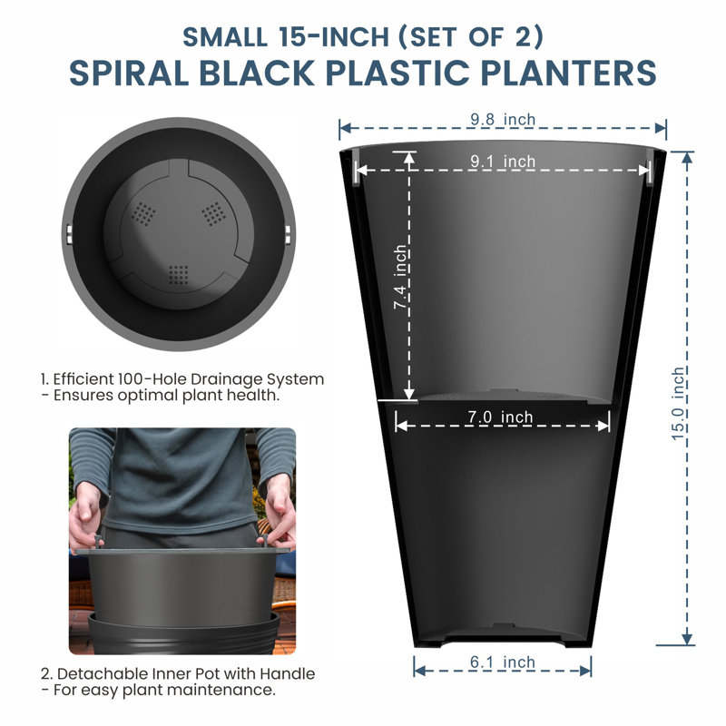 Aftina Pot Planter, 15" H x 9.8" W x 9.8" D, Spiral Black