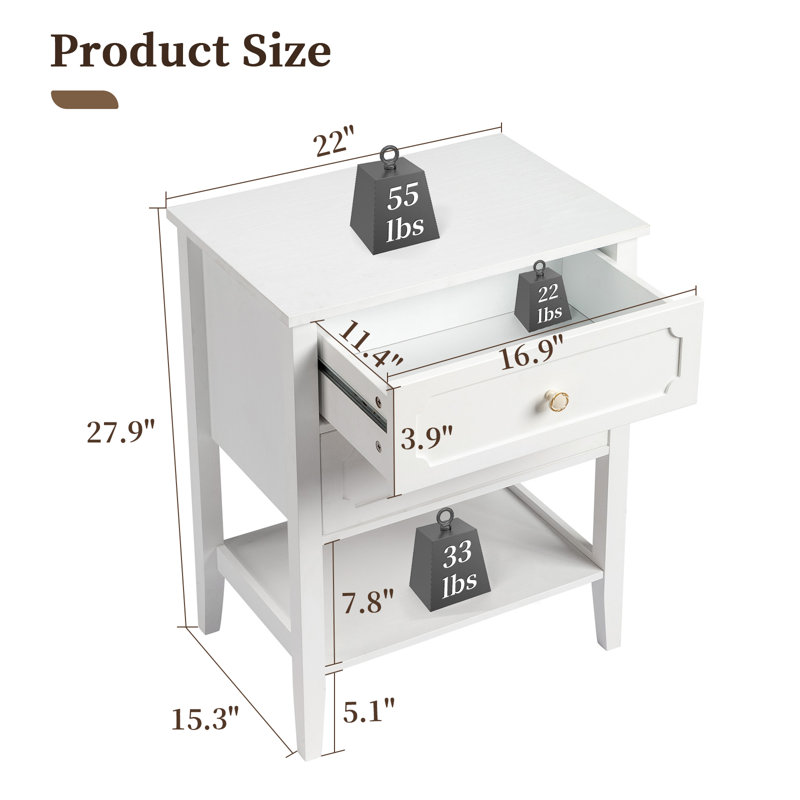 Solid Wood White Side Table, White