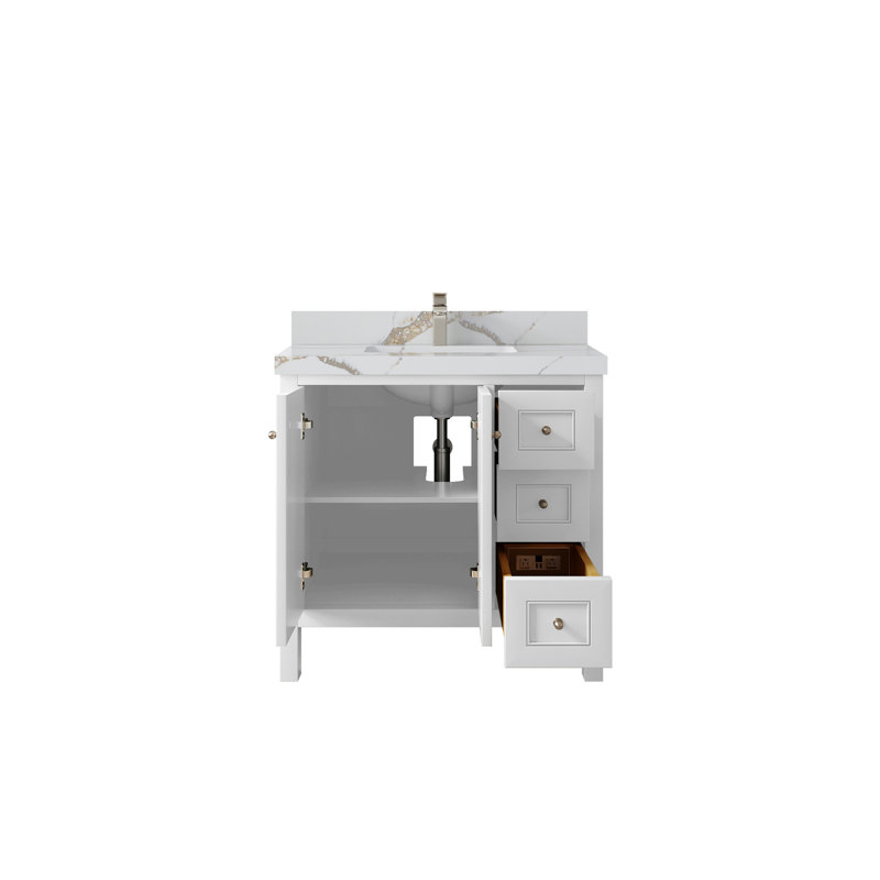 Nashville X P 22 po Meuble-lavabo central en albâtre, Blanc, Or Calacatta