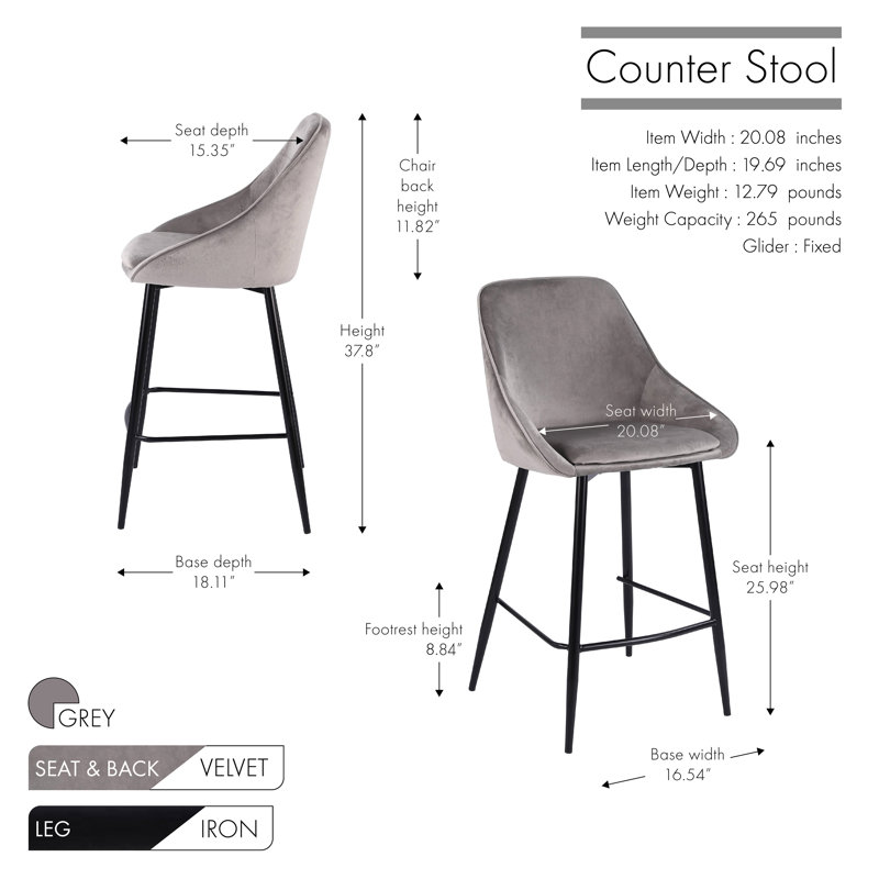 Tabouret Layken, gris, Tabouret de comptoir (siège d'une hauteur de 26 p