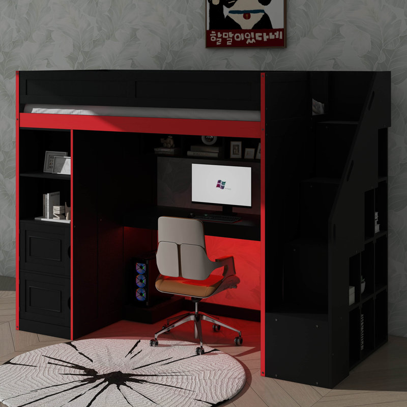 Twin Loft Bed For Gaming With Desk & Storage Space, LED Lighting Included