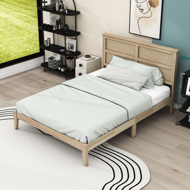 Lit plateforme en bois avec tête de lit en rotin, Double