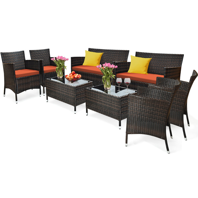 Ensemble de conversation d'extérieur en rotin 4 pièces Winston Porter avec coussin bleu paon, Orange