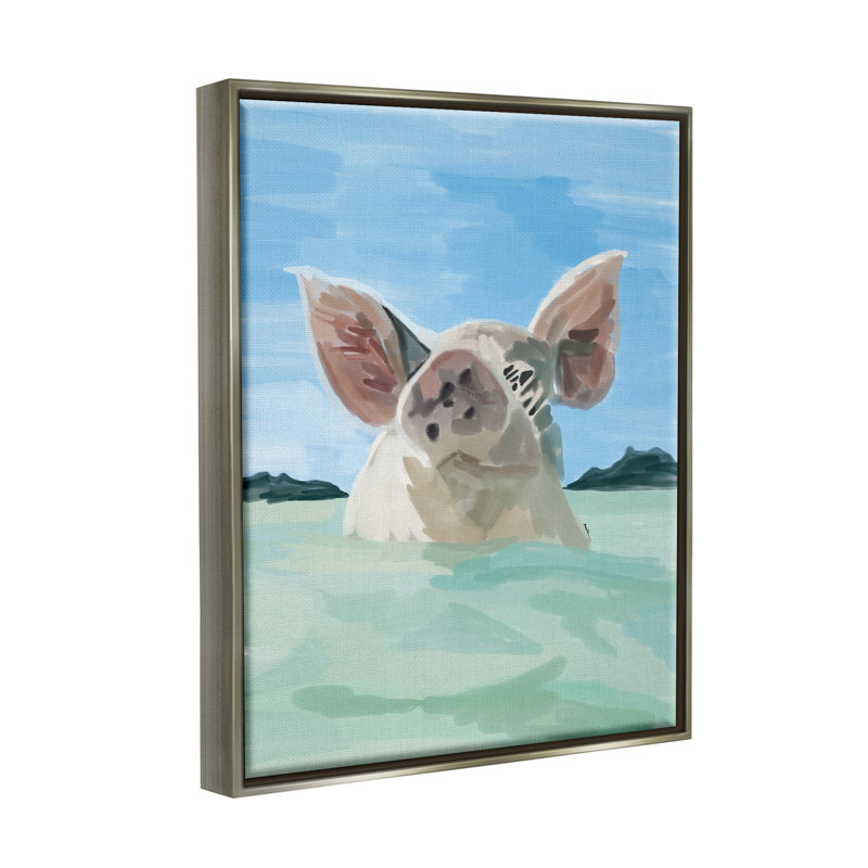 "Rosalind Wheeler", cochon nageant sur toile flottante par Amelia Noyes, H 31 po x l 25 po x P 1,7 po