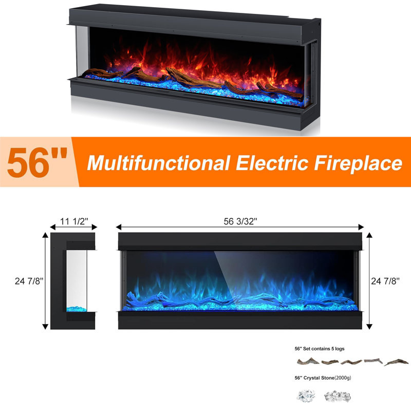 Prower 3-Sided Smart Wi-Fi Electric Fireplace with RGB LED Technology , 24.88" H x 56" W x 11.5" D
