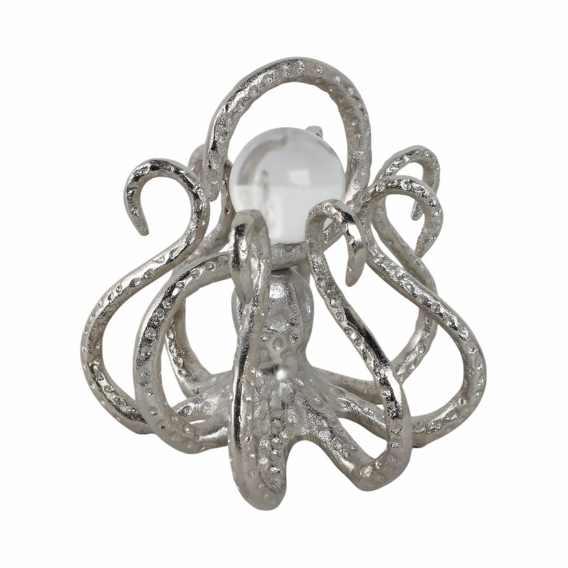 Caetlin Figurine Metal Glass Aluminum Acrylic Octopus Design Metallic Coastal Style for Home Office Bedroom Living Room Decor - 8" Silver