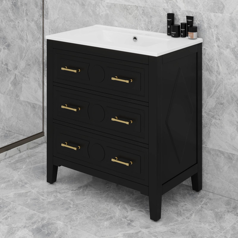 Ensemble de meuble-lavabo simple 30 po avec lavabo en céramique 30 po et 3 tiroirs, Noir