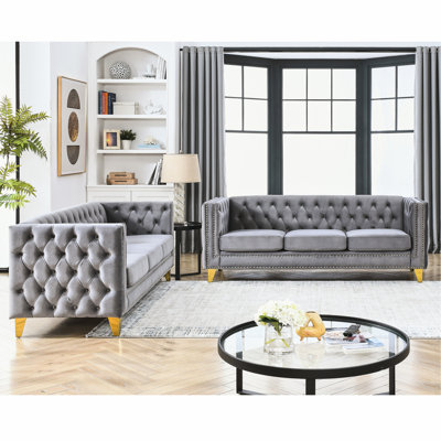 Comfy Living Area : Button , Square Arm, Metal Feet, Grey Gray Velvet Couch : Buttons, Support
