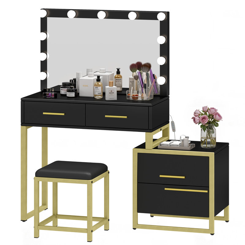 Coiffeuse noire avec miroir lumineux, station de chargement USB et tiroirs, Black