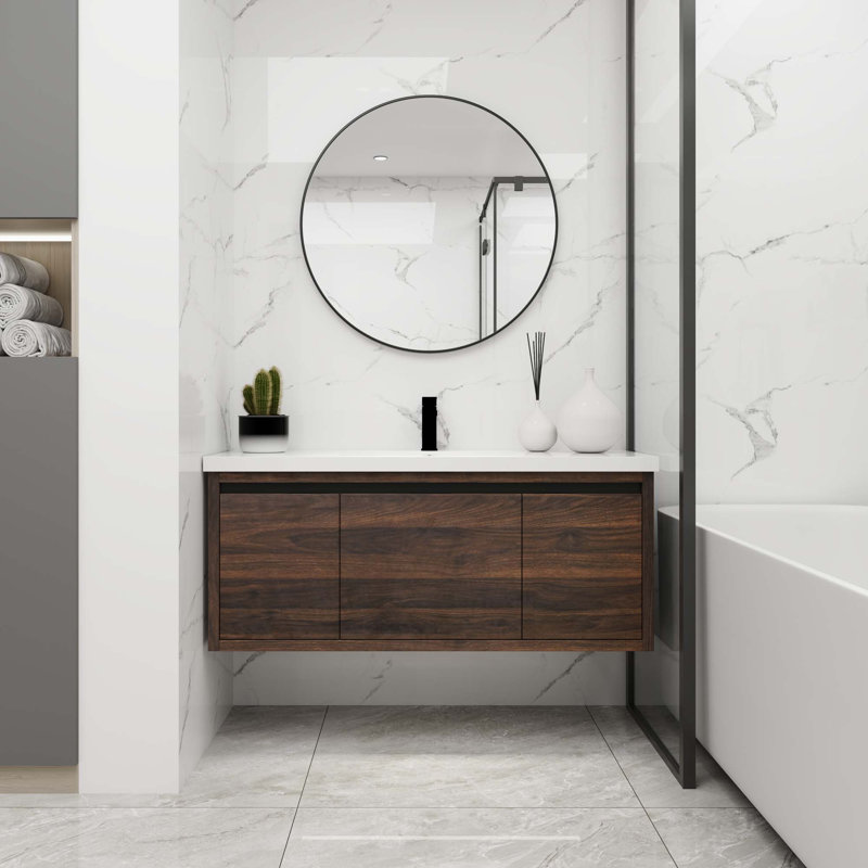 Meuble-lavabo mural simple 47,2 po avec plateau en gel Avy, Noyer
