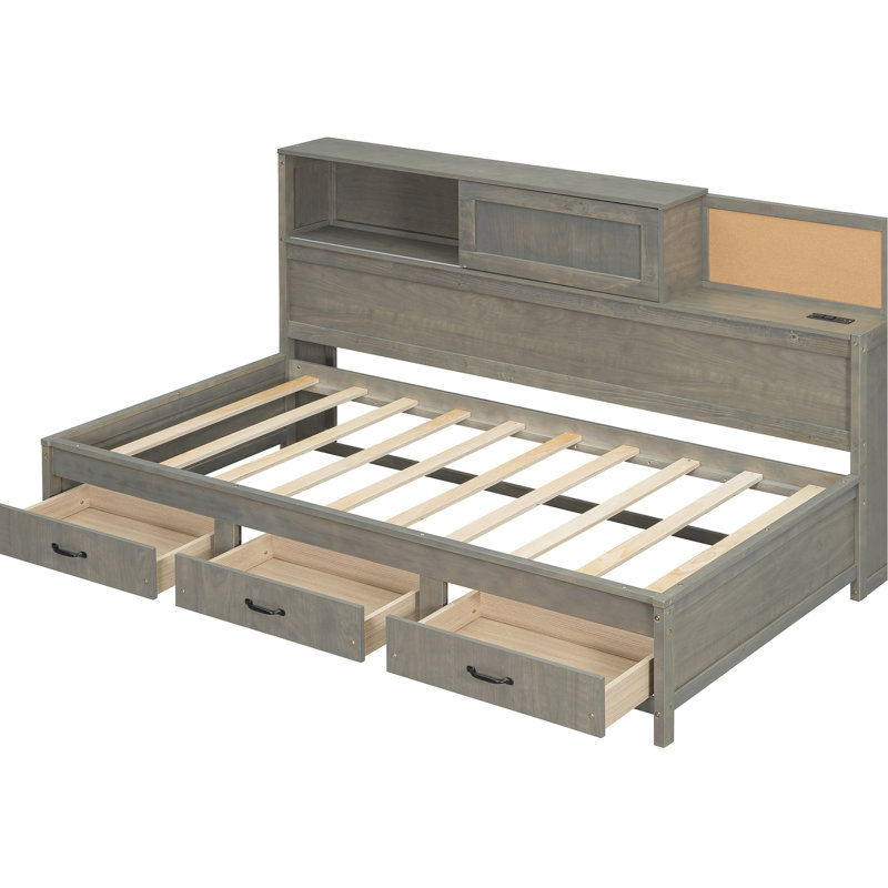 Twin Gray Solid Wood Daybed With 3 Storage Areas, Upper Shelf, And Power Outlets For A Practical Sleeping Area Wooden Drawer Spaces, Integrated Charging Modern Bedroom