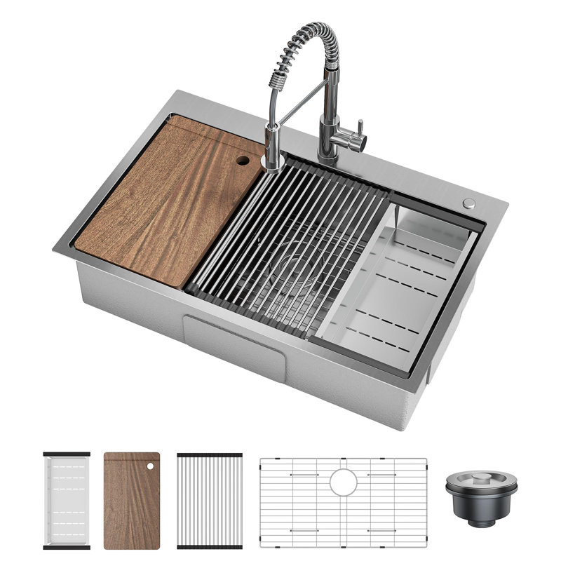 33 x 22 x 9 Inch Drop-In Kitchen Sink, Single Bowl Topmount w/ Pull-Out Faucet, Cutting Board, Dish/Drying Rack, Silver