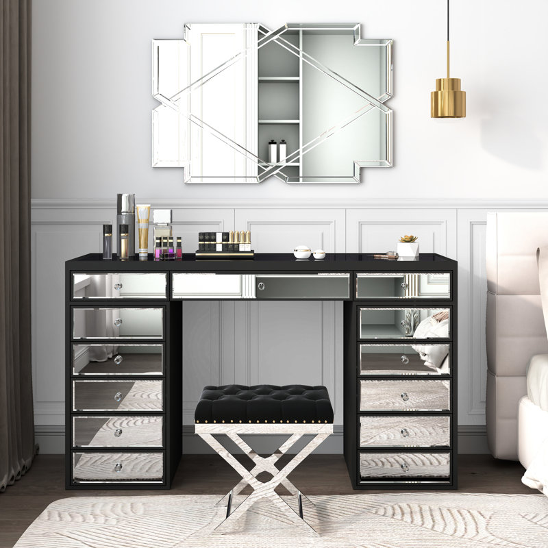 51" Hollywood Style Mirrored Makeup Vanity with 13 Drawers, Black