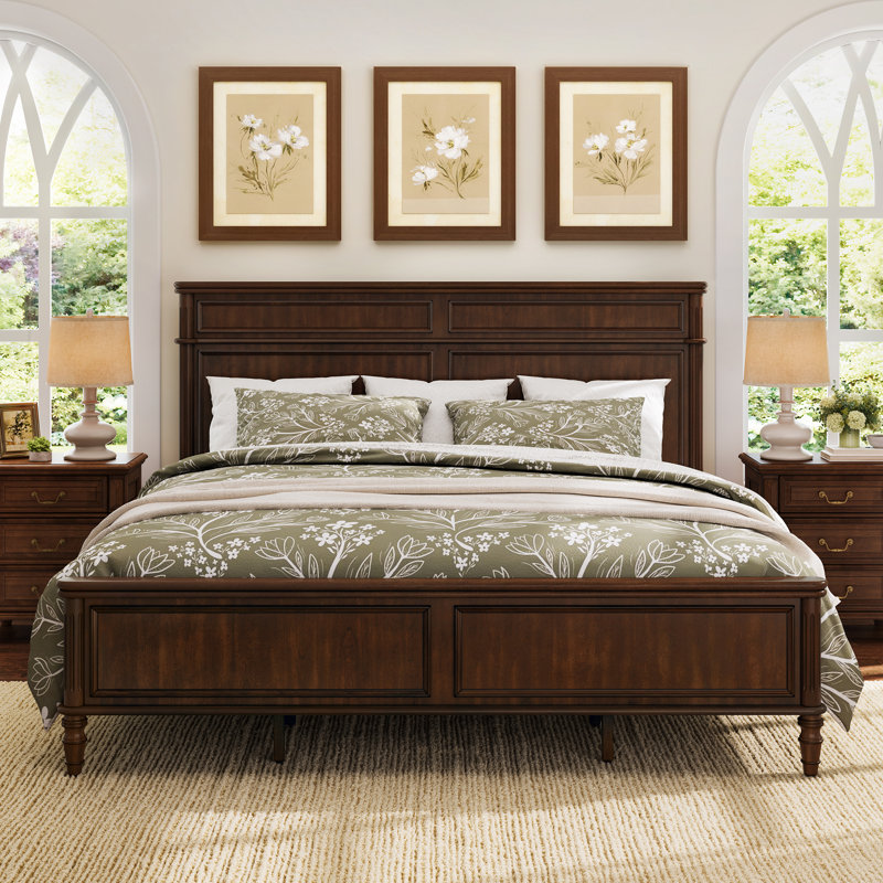 Mid-Century Modern Solid Wood Platform Bed with Cross-patterned Headboard, King, Dark Walnut