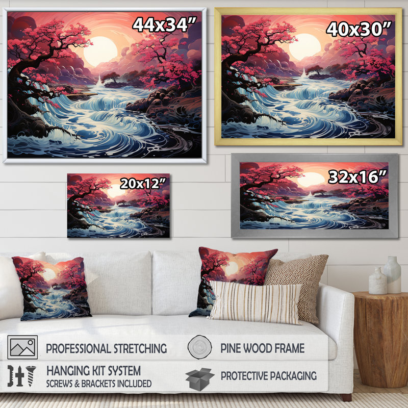 Japon, rivière rose, lever de soleil, rivière, art mural, H 30 po x l 40 po x P 1,5 po, Cadre de coin argenté fermé