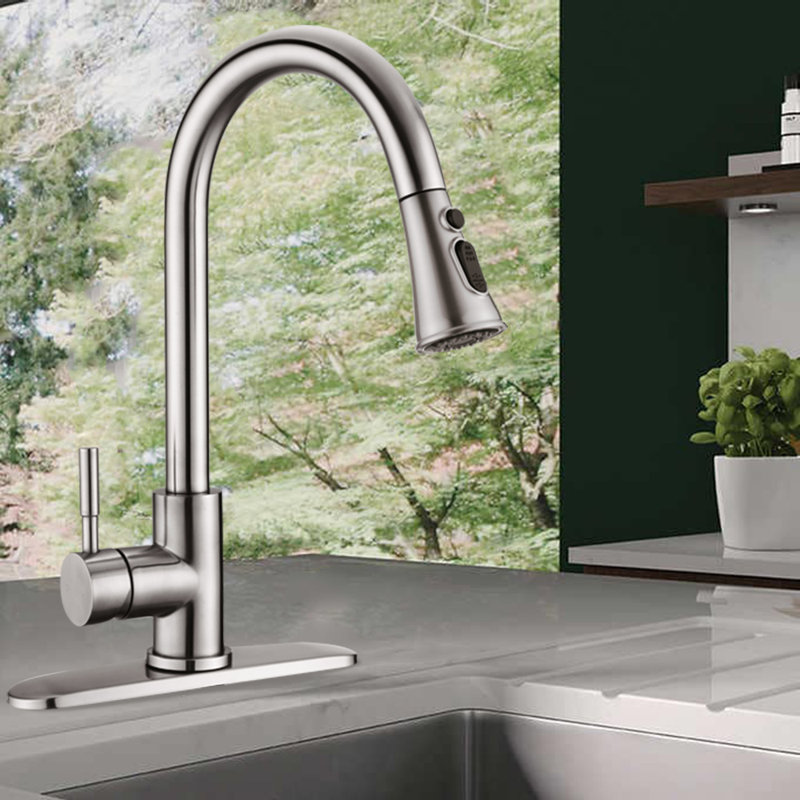 Robinet de cuisine rétractable à poignée simple avec distributeur de savon optionnel, Nickel brossé, Oui