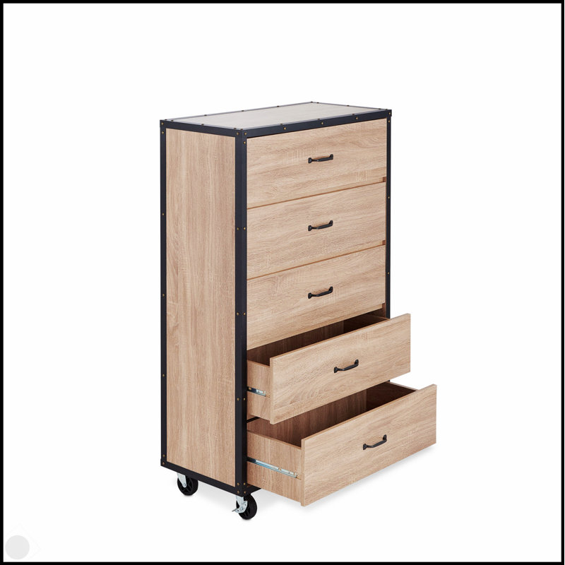 Commode en chêne clair vieilli Bemis avec cinq tiroirs spacieux et une élégance industrielle pour les maisons modernes
