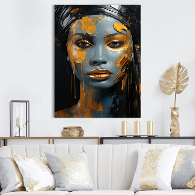 Gold And Blue African Woman Beauty III - Fashion Canvas Art