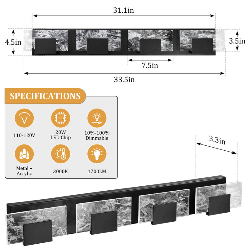 Éclairage pour meuble-lavabo moderne 4 lumières 4 lumières, Noir mat