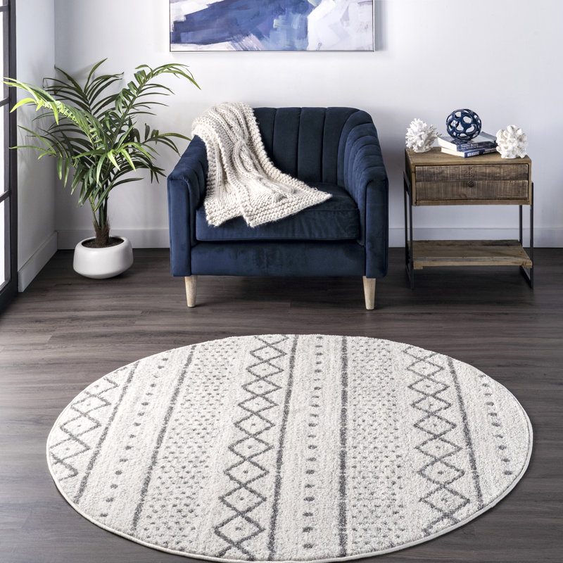 Tapis blanc cassé à motif géométrique Januario, Rond 8 pi