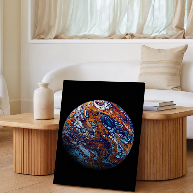 Toile, une représentation abstraite vibrante d'une planète présentant des motifs tourbillonnants, art mural de couleurs vives, y compris des oranges profondes