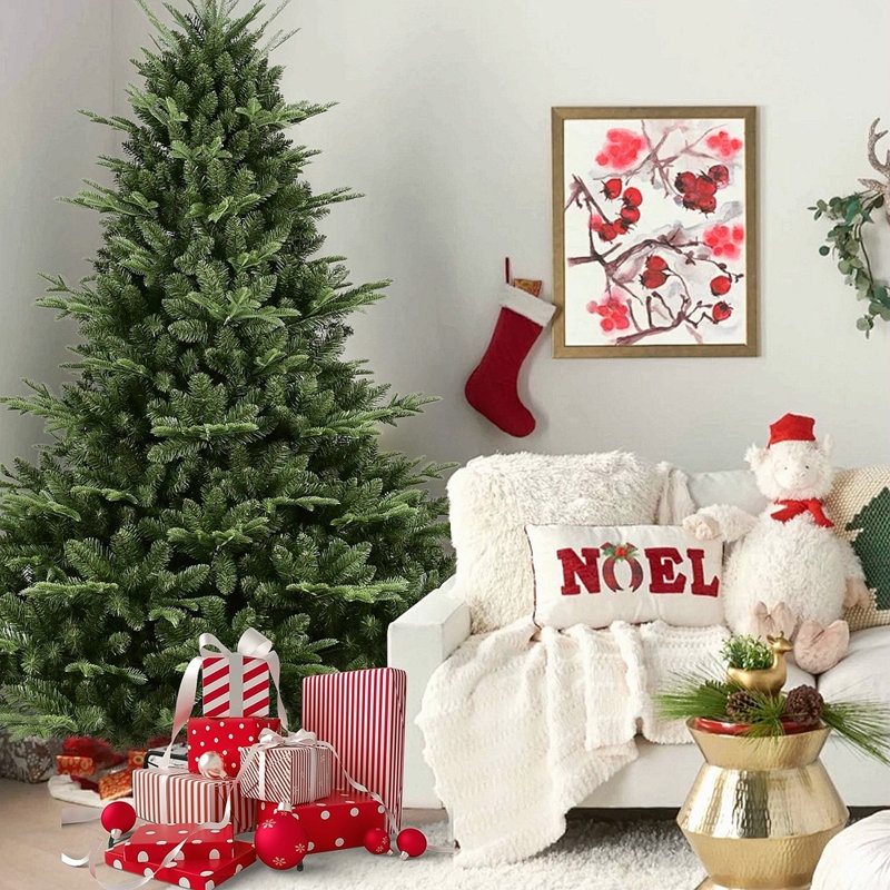 Arbre de Noël pleine forme de 8 pi avec 2673 pointes - aiguilles mixtes en PE / PVC, base large pour les grands espaces, structure à charnières pour une installation facile, support en métal pour un soutien solide *