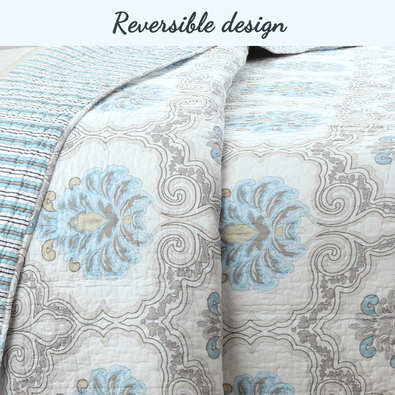 Queen Blue Cotton Reversible Damask Floral Quilt Set