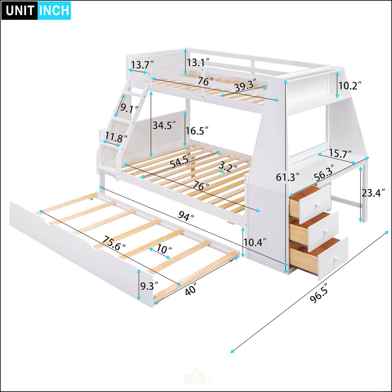 Lit simple superposé au dessus d'un lit double avec lit gigogne et bureau intégré