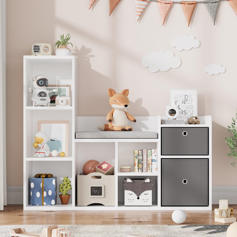 Kids Bookshelf with Reading Bench, 6-Cubby Wooden Toy Storage Organizer with Cushion Seat & 2 Drawers