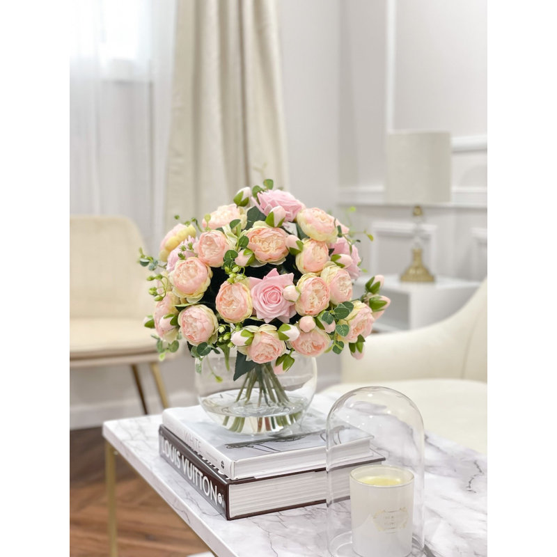 X-Large Pink Rose Peony Centerpiece – Modern Silk Arrangement, Pink